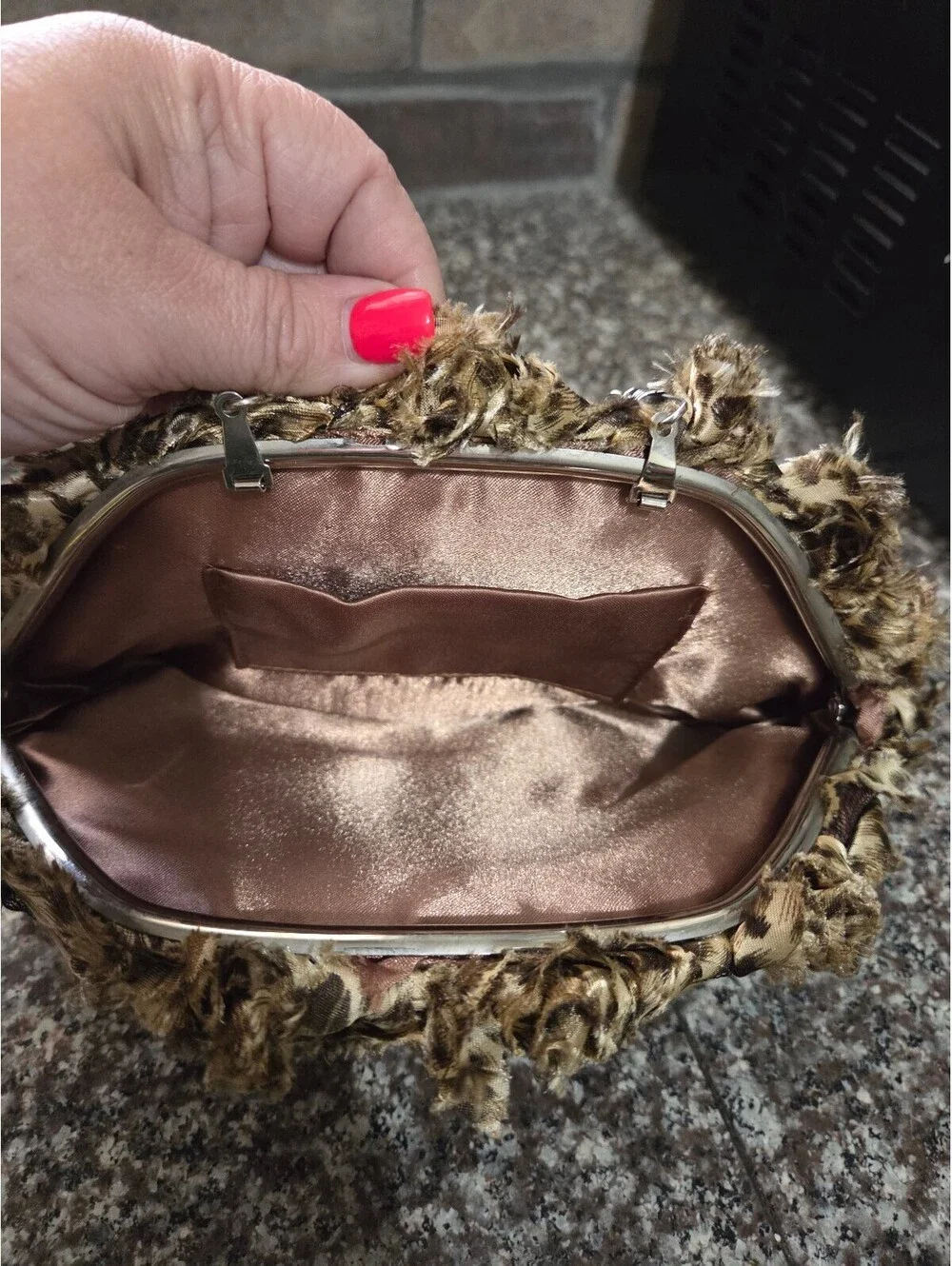 Stylish Brown and Beige Textured Clutch Purse with Silver Chain Strap and Satin-